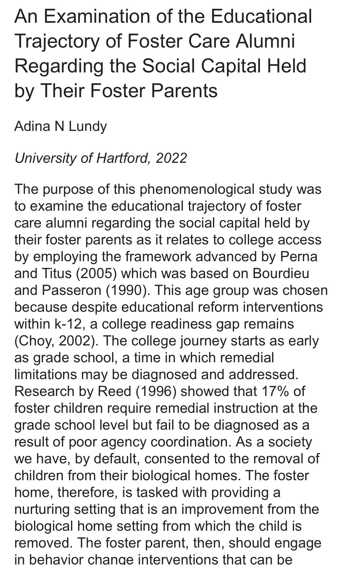 Publication: Educational Trajectory of Foster Care Alumni by Dr. Adina Lundy