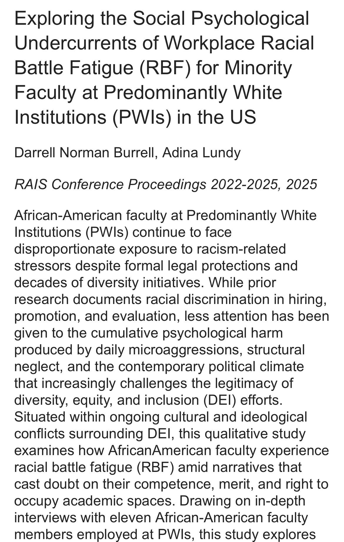 Publication: Workplace Racial Battle Fatigue (RBF) by Dr. Adina Lundy