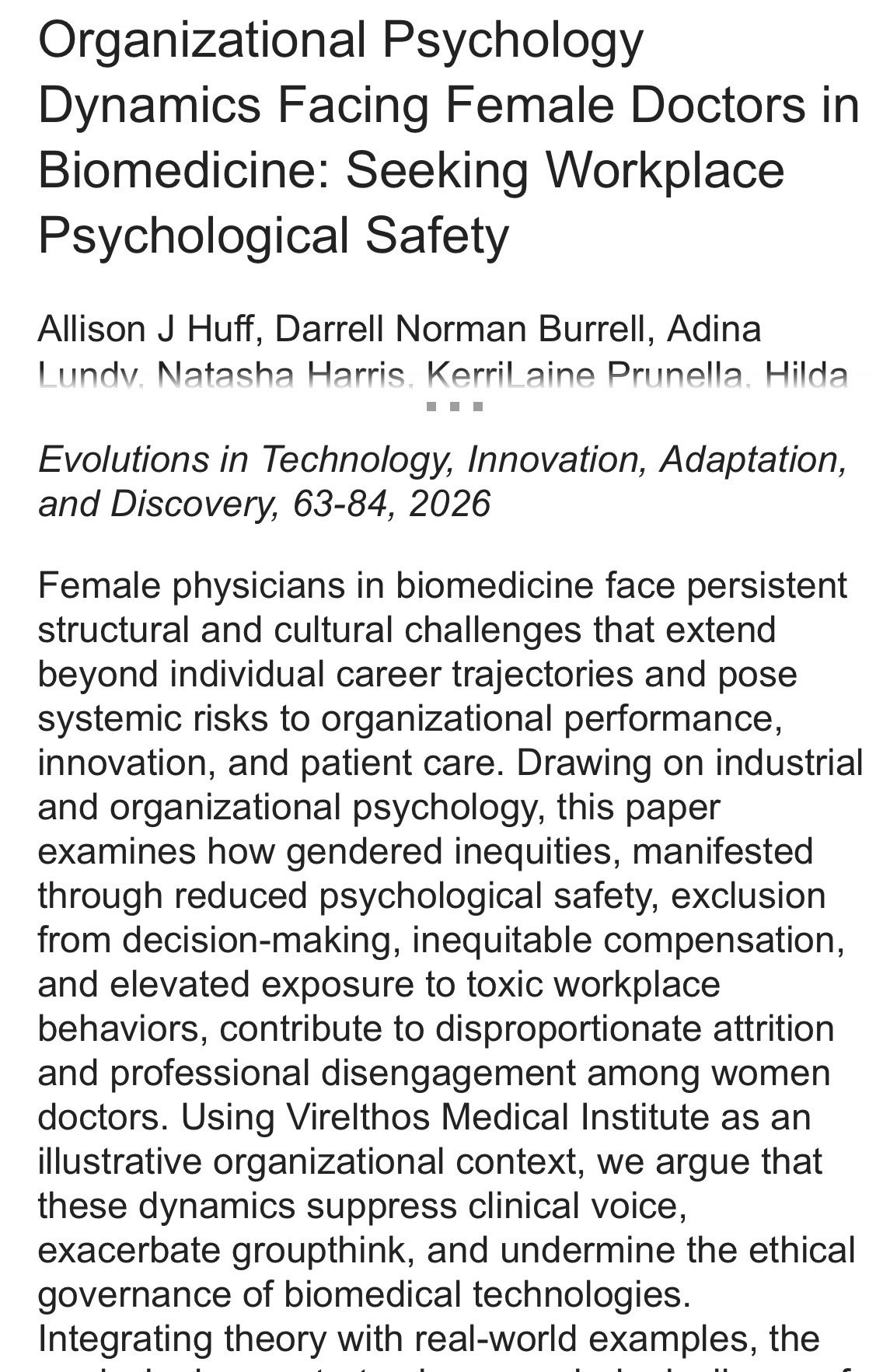 Publication: Organizational Psychology Dynamics Facing Female Doctors in Biomedicine